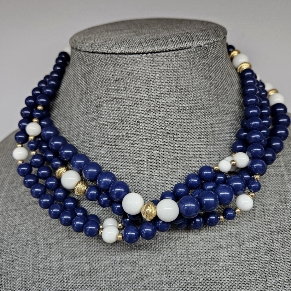 VINTAGE Multi-Strand Blue & White Plastic Beaded Bead Necklace